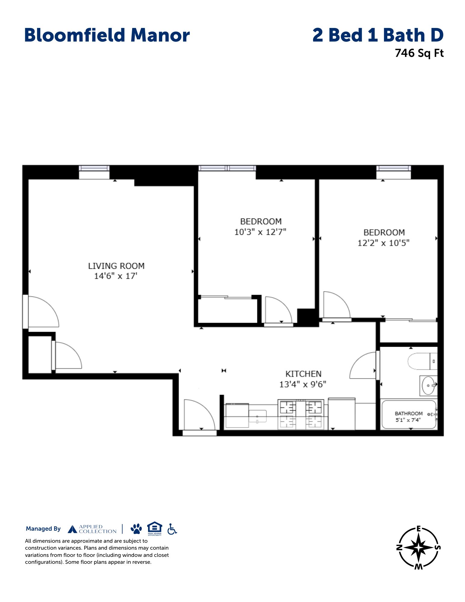 Floor plan for 2 beds, 1 bath, 746 sqft